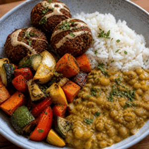Curry de lentille, riz, légumes rôtis et falafels