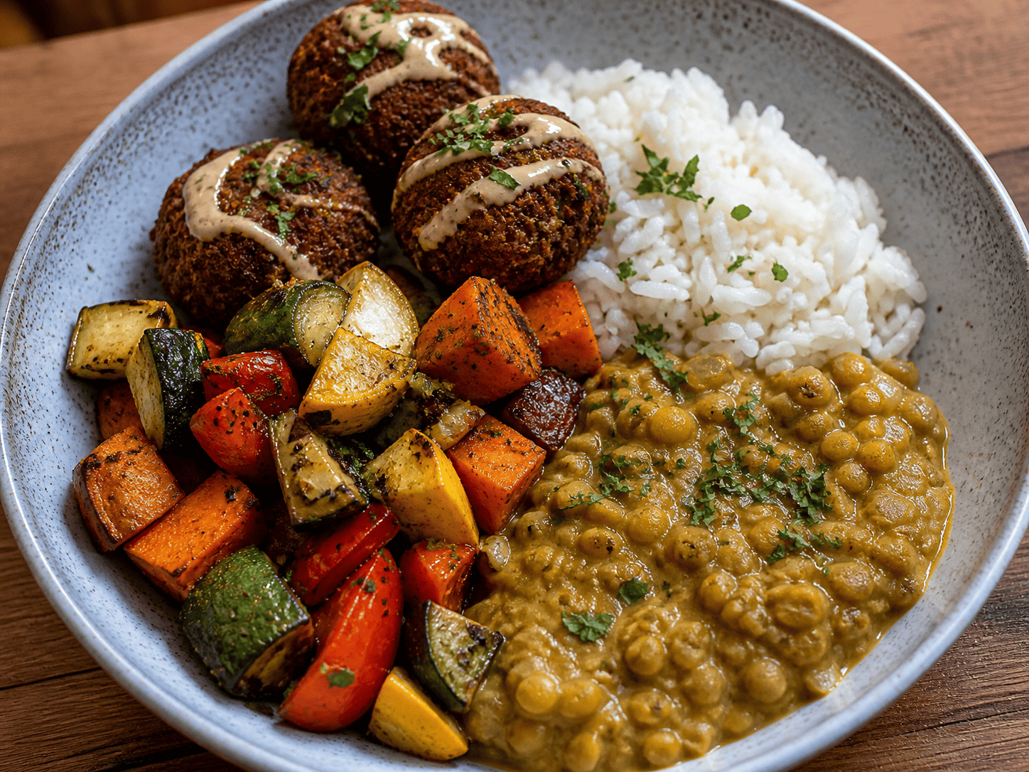 Curry de lentille, riz, légumes rôtis et falafels