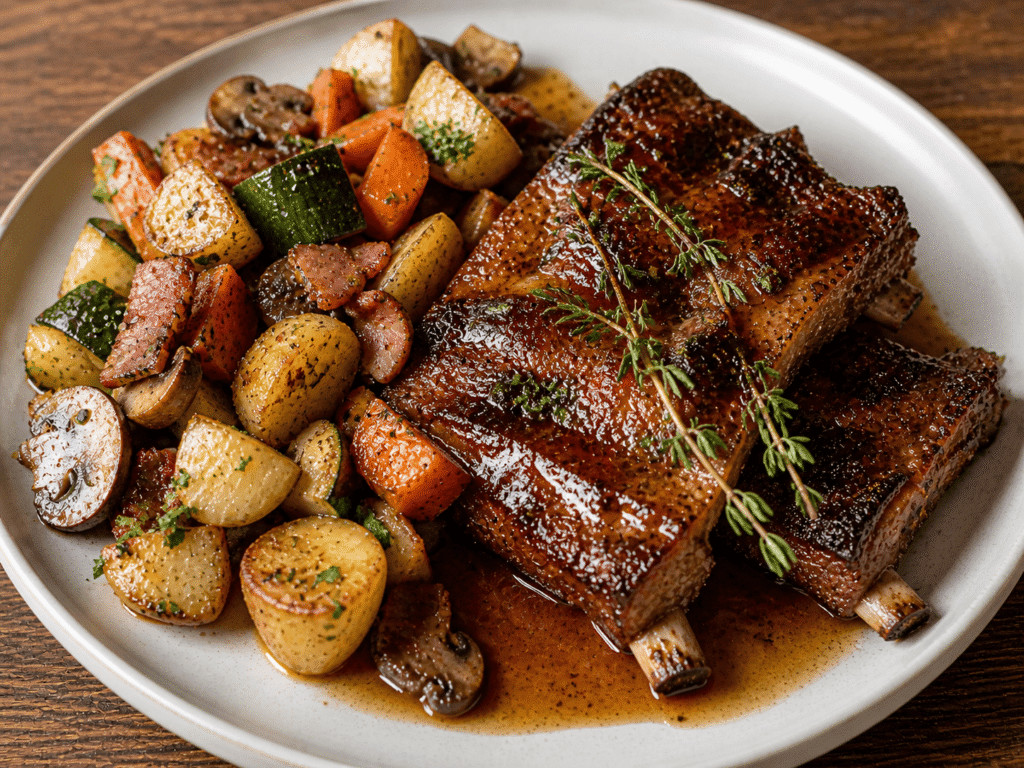 Travers de porc confit aux herbes, jus au thym et poêlé parisienne