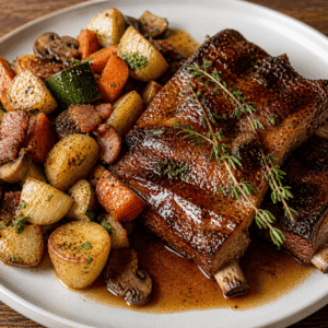 Travers de porc confit aux herbes, jus au thym et poêlé parisienne