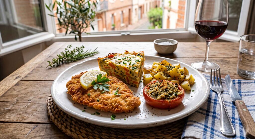 Escalope de poulet panée, flan de légumes, pomme de terre et tomate à la provençale