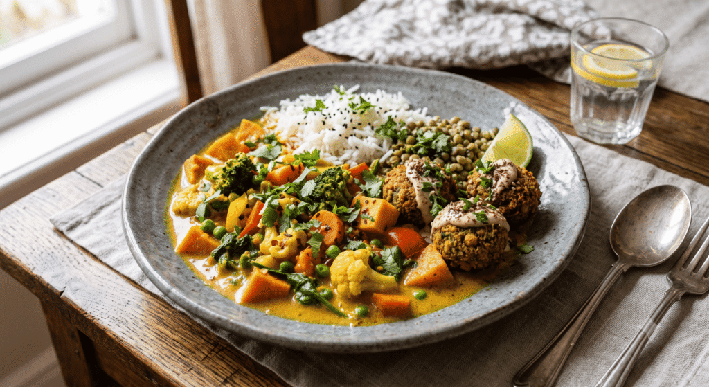Curry coco de légumes, riz lentilles, falafels