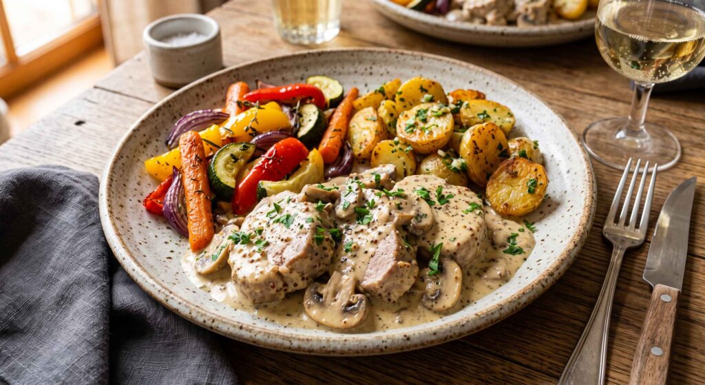 Sauté de porc à la moutarde et champignon, pommes de terre en persillade et légumes rôtis