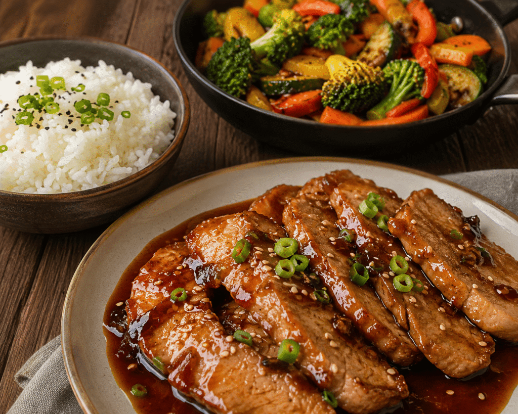 Porc confit à l'asiatique, riz et légumes rôtis
