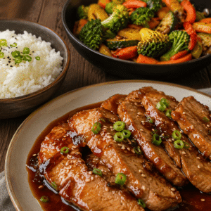 Porc confit à l'asiatique, riz et légumes rôtis