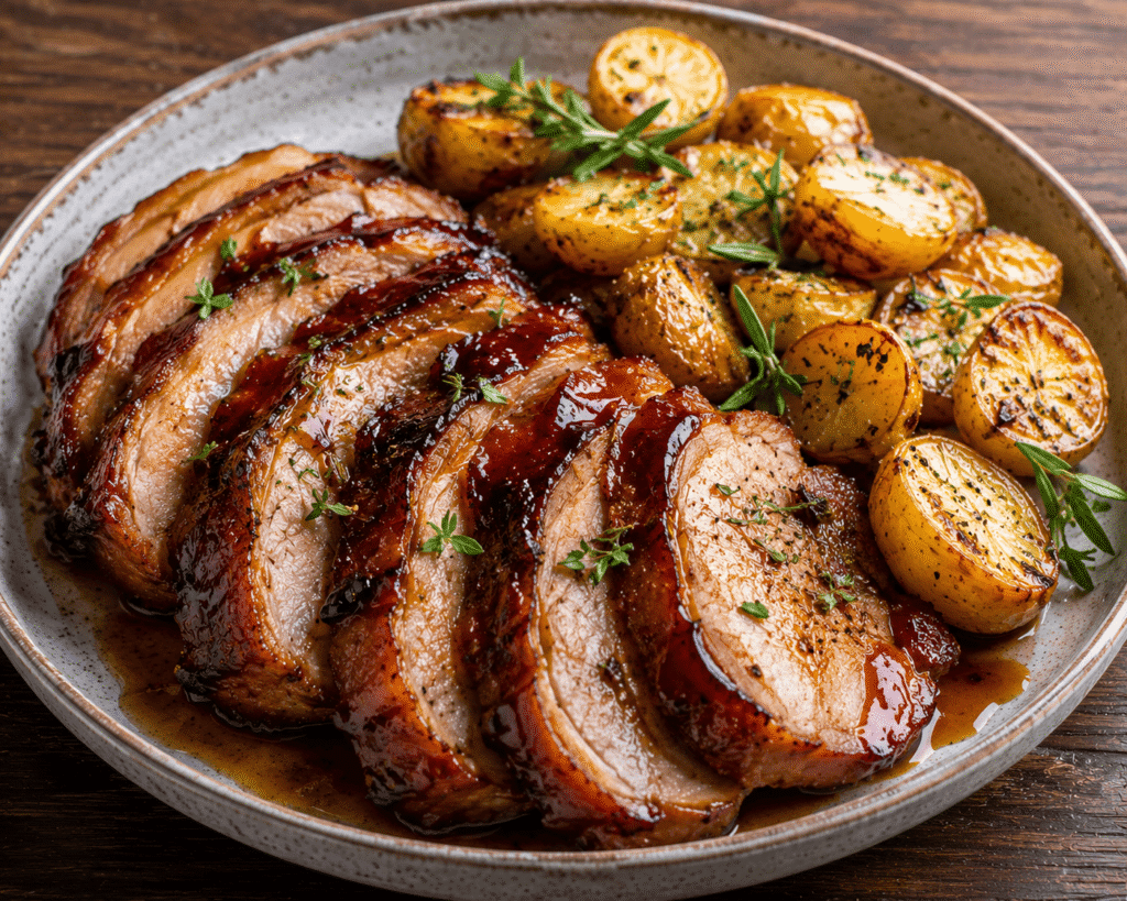 Rôti de Porc confit , jus thym tomaté, légumes grillés et purée de pomme de terre