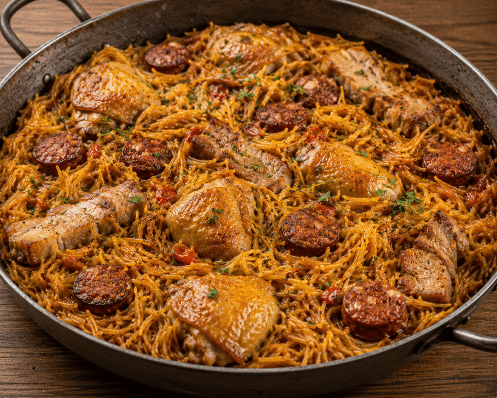 Fideua du Local, poulet, chorizo, travers de porc