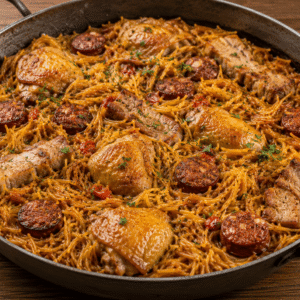 Fideua du Local, poulet, chorizo, travers de porc