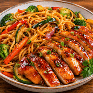 Poulet rôti façon asiatique, wok spaghetti et légumes