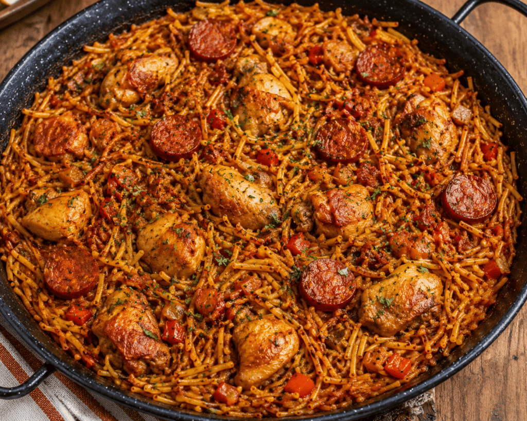 Fideua poulet, chorizo et porc confit