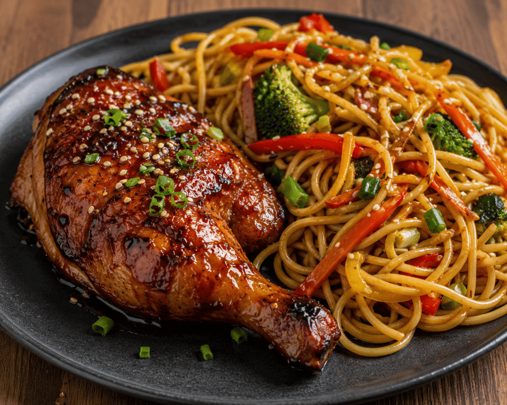 Cuisse de poulet rôti teriyaki, spaghetti aux légumes sautés