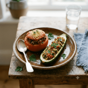 Duo de Légumes farcis porc/bœuf, riz et légumes rôtis