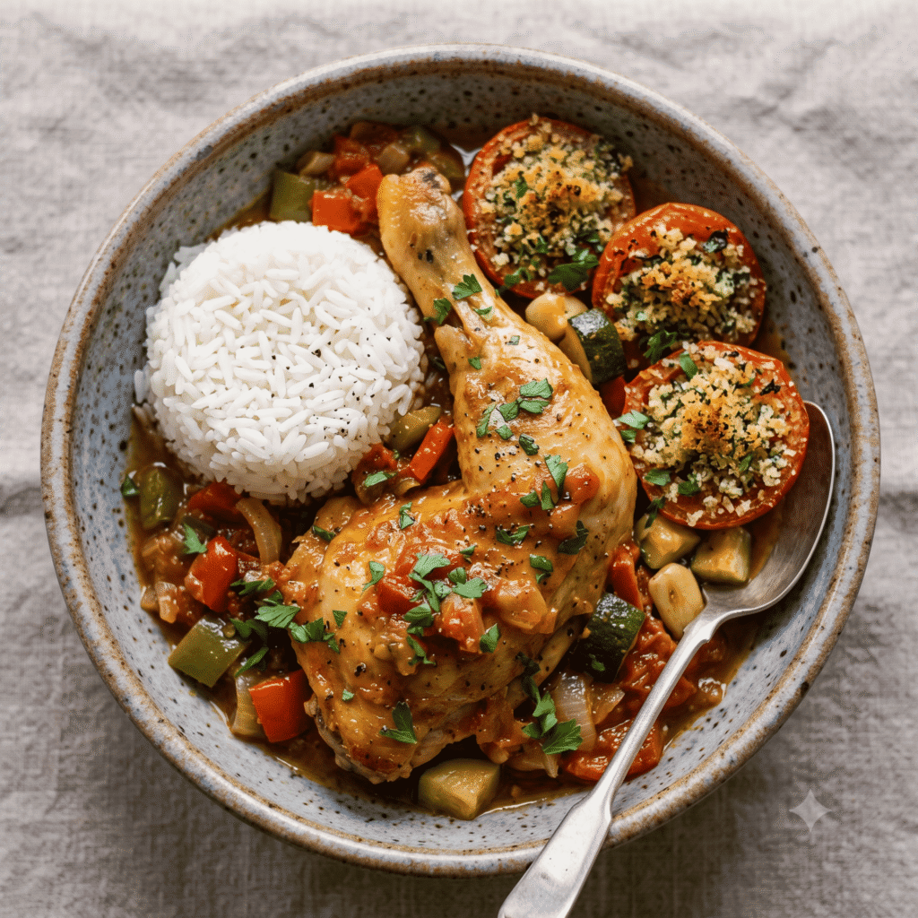 Poulet Basquaise, riz, ratatouille du Local