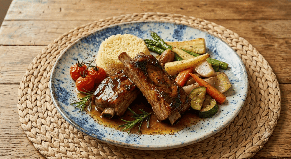 Travers de porc confit, riz et Légumes de saison