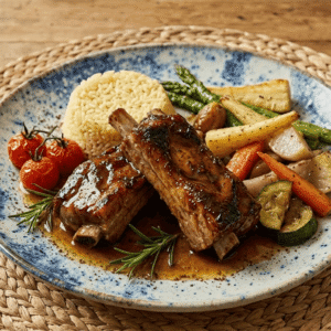 Travers de porc confit, riz et Légumes de saison