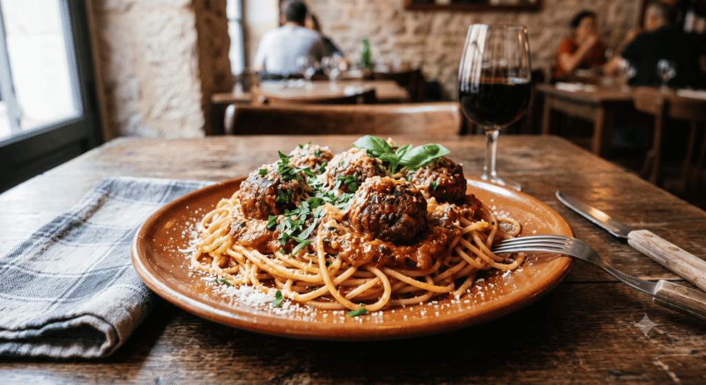 Polpette (boeuf porc) sauce tomate, parmesan, basilic spaghetti et légumes rôtis