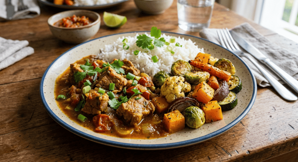 Cari de porc, riz et légumes rôtis