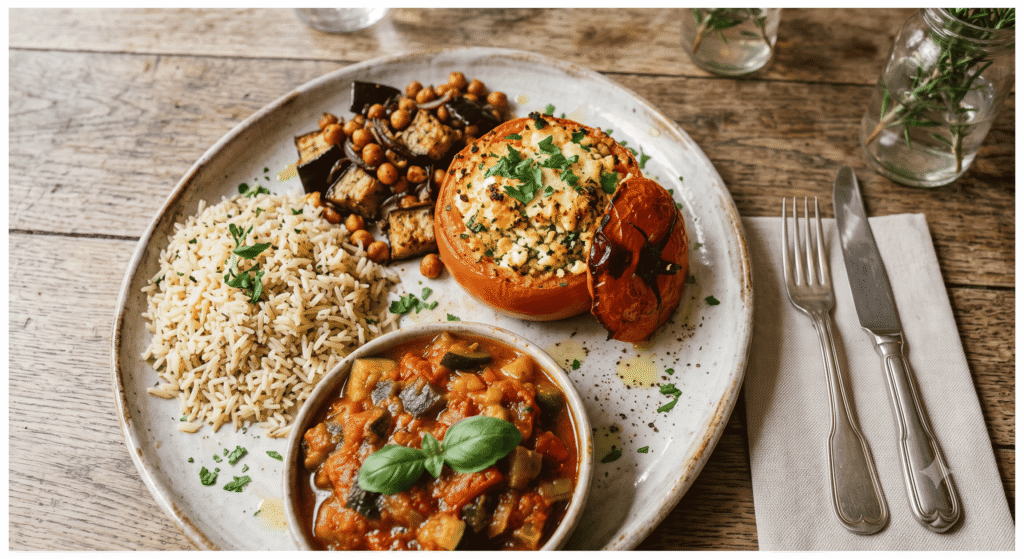 Tomate farcie feta, aubergine rôti et pois chiche, riz et ratatouille du Local