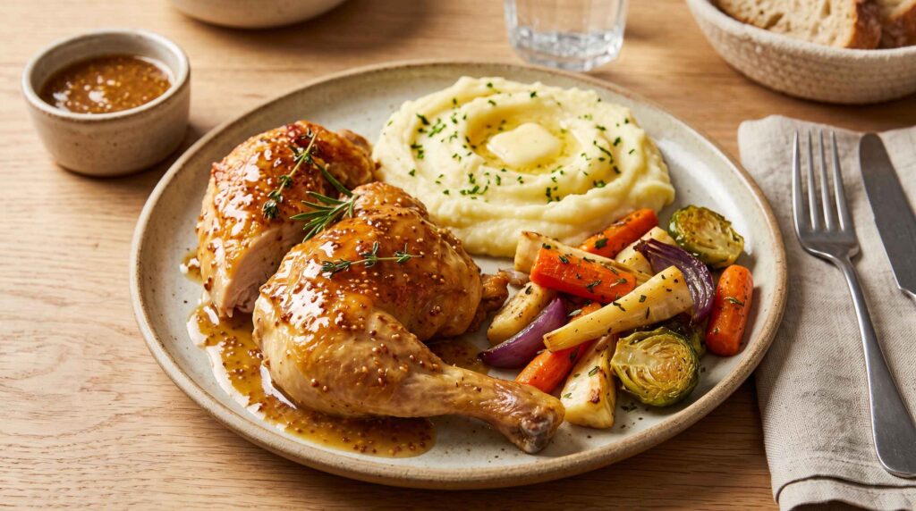 Poulet miel moutarde, purée de pomme de terre et légumes rôtis