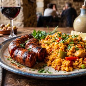 Chorizo grillé, riz à l'espagnol