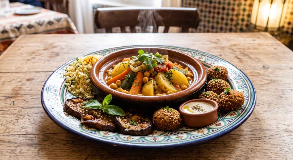 Tajine de légumes, falafel, semoule et aubergine confite