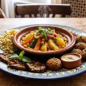 Tajine de légumes, falafel, semoule et aubergine confite