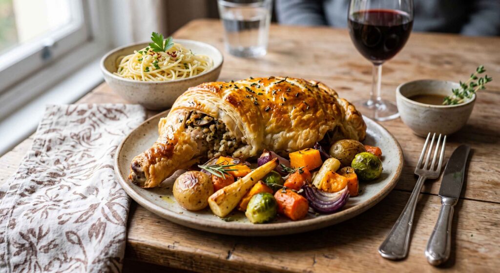 Poulet rôti, farce aux herbes, spaghetti et légumes rôtis