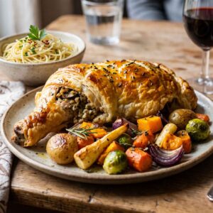 Poulet rôti, farce aux herbes, spaghetti et légumes rôtis