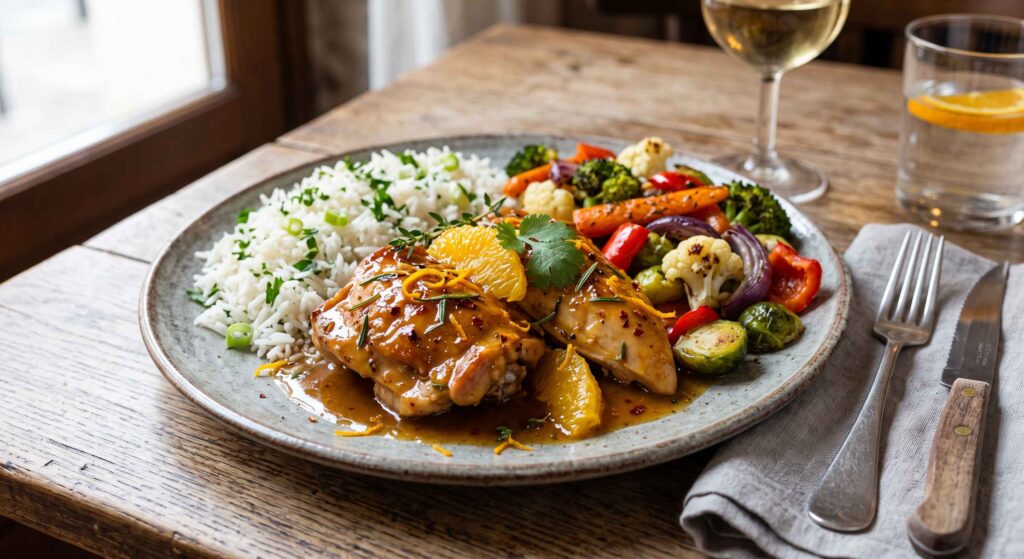 Poulet à l'orange, riz et légumes rôtis