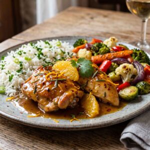 Poulet à l'orange, riz et légumes rôtis