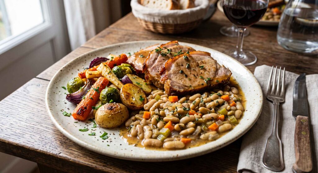 Rôti de Porc confit, jus au thym, légumes rôti et flageolet mijoté aux légumes