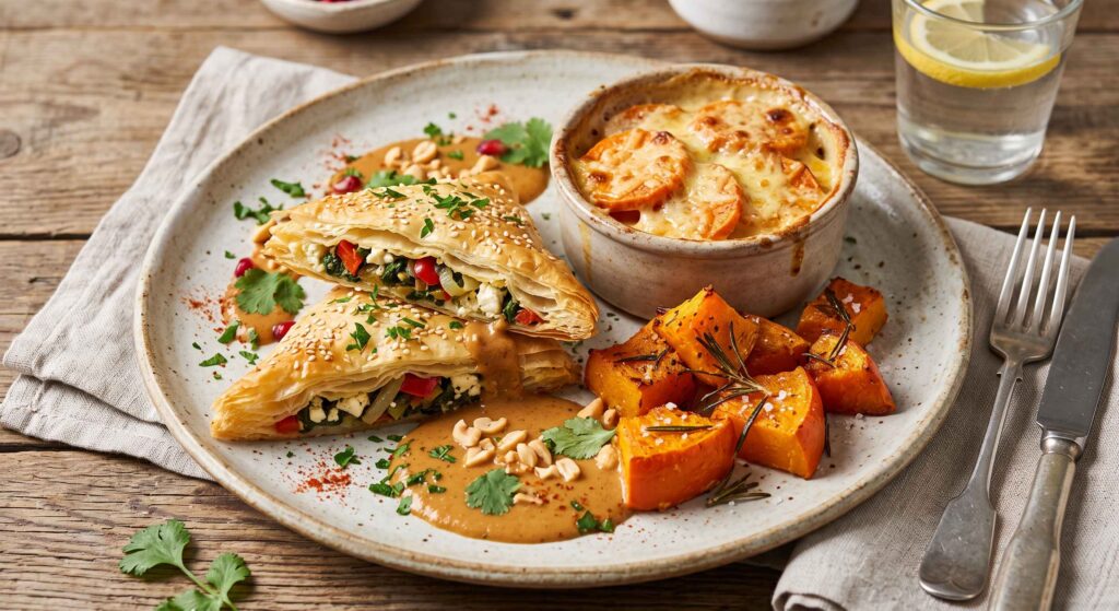 Borek féta légumes, sauce mafé, gratin de patate douce, potimarron rôti