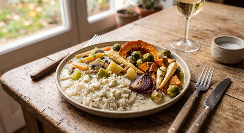 Blanquette de légumes de saison, riz et légumes rôtis