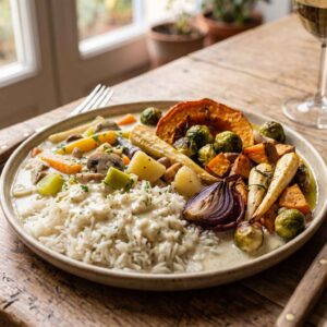 Blanquette de légumes de saison, riz et légumes rôtis