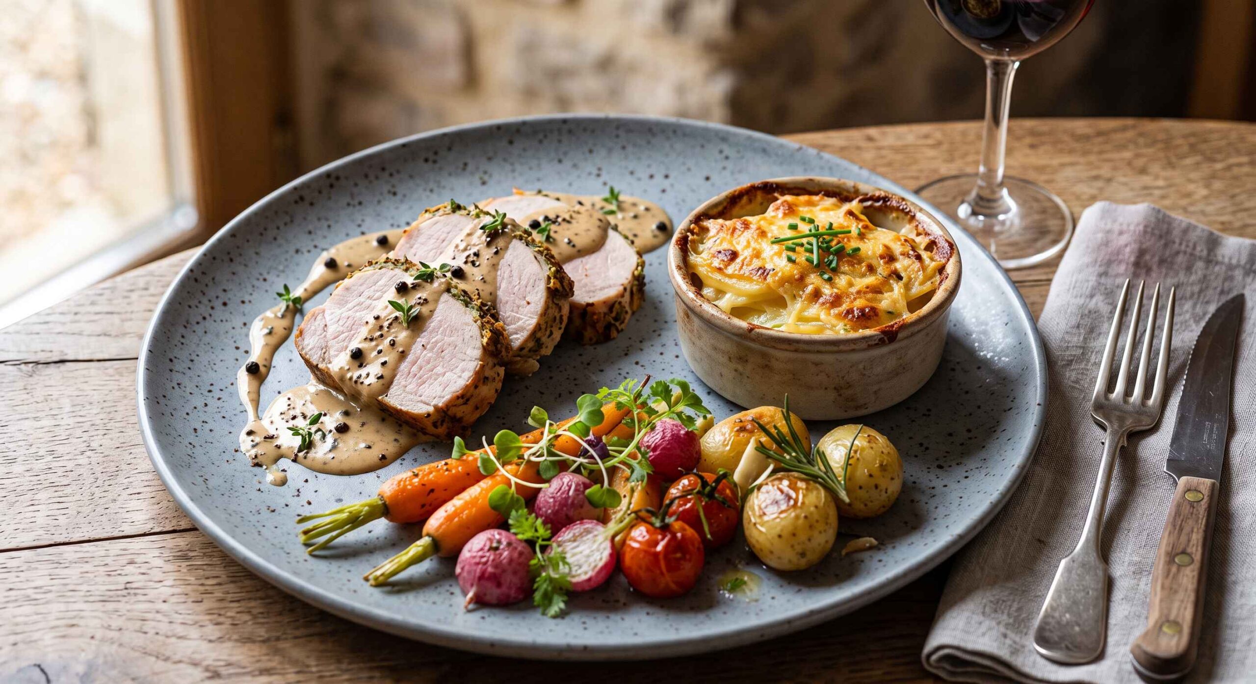 Rôti de Porc confit, sauce au poivre, légumes rôtis et gratin dauphinois