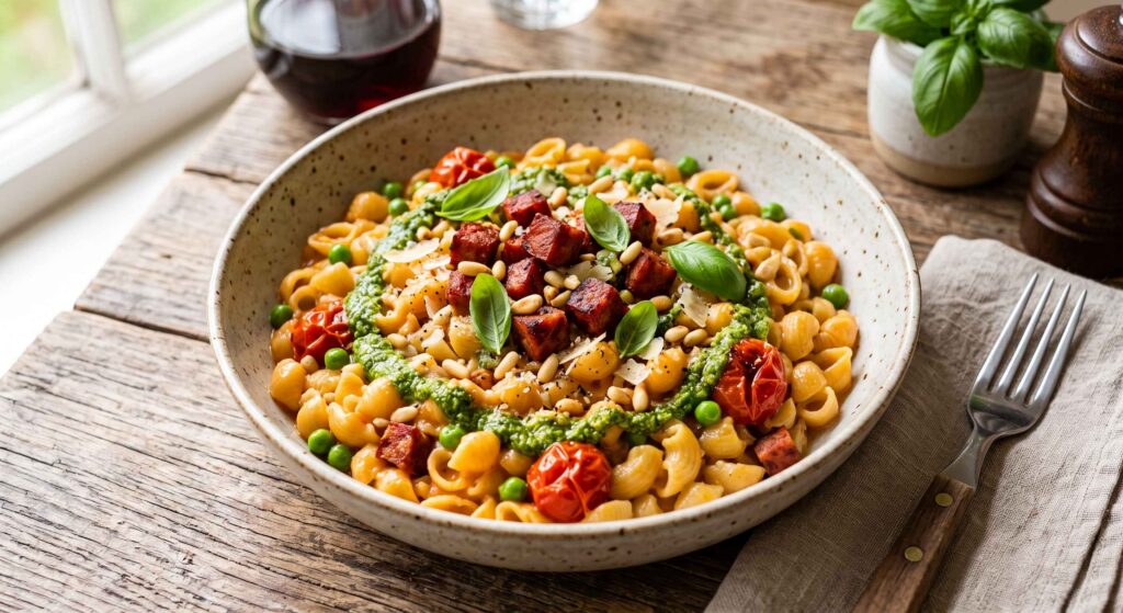 Comme un risotto de coquillettes aux chorizo et Légumes de saison, pesto (environ 450g)