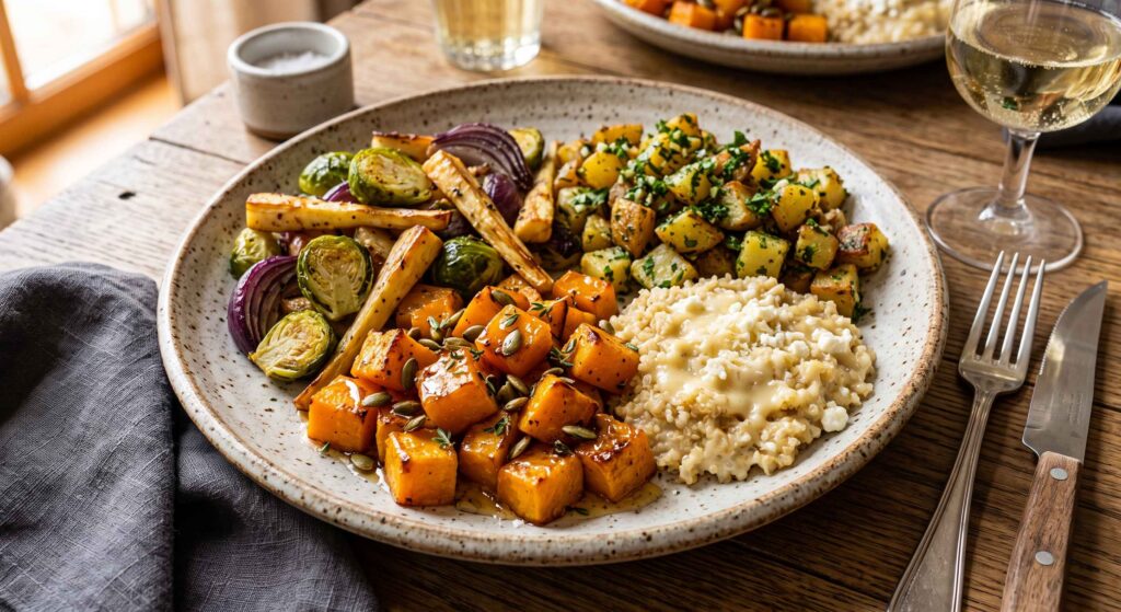 Butternut rôti au miel, quinoa, sauce fromagère, pommes de terre en persillade et légumes rôtis