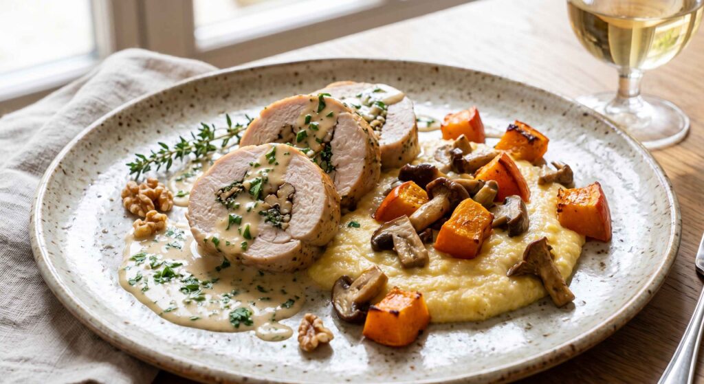 Ballotine de poulet aux herbes et noix, polenta crémeuse, champignons et potimarron rôti