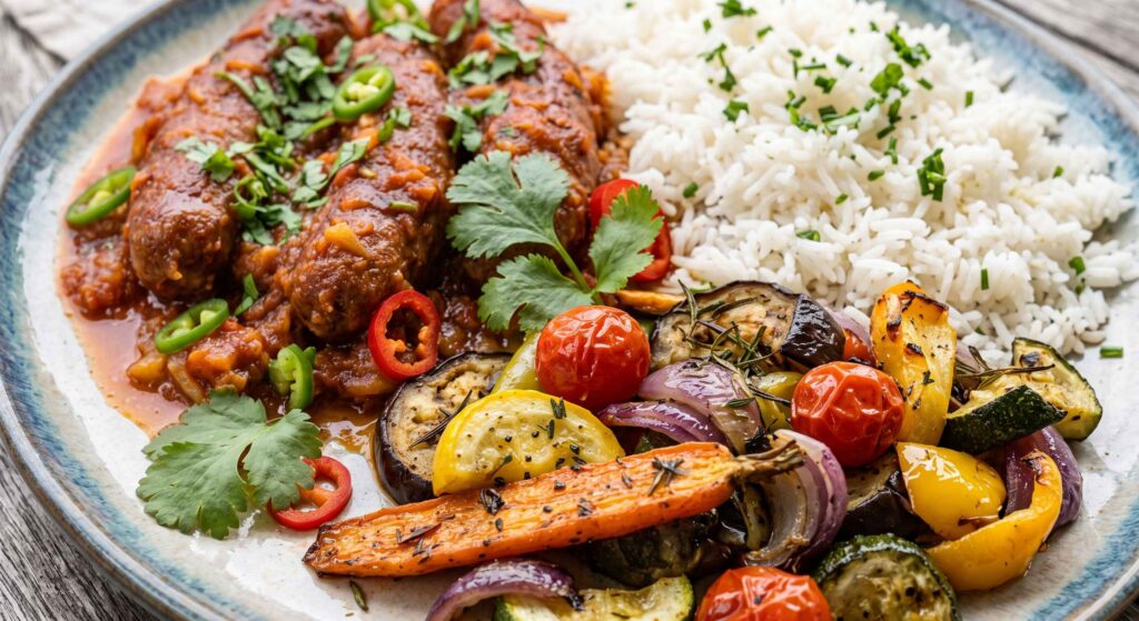 Rougail saucisse, riz et légumes rôtis Mercredi 21