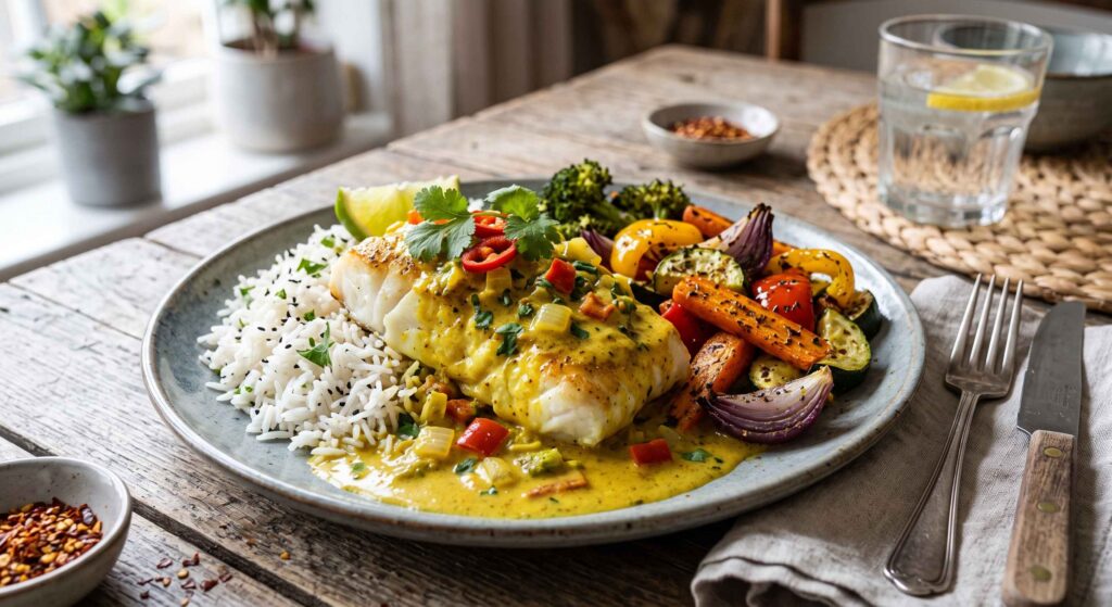 Filet de poisson du jour, sauce curry, riz et légumes