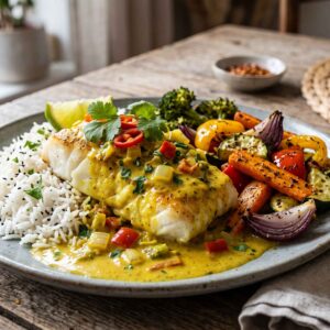 Filet de poisson du jour, sauce curry, riz et légumes